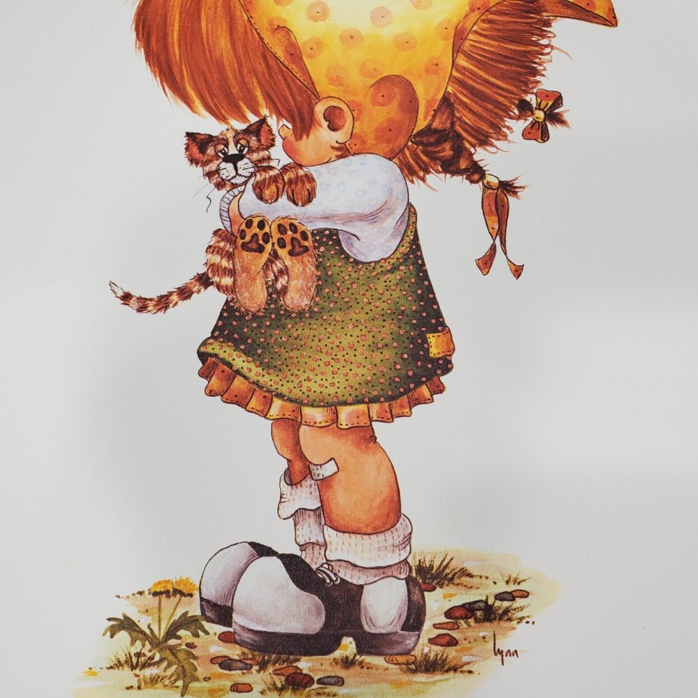 Litte Girl KITTY CAT RESCUE Art Print Vintage 1970s 11x14 in Watercolor Unframed